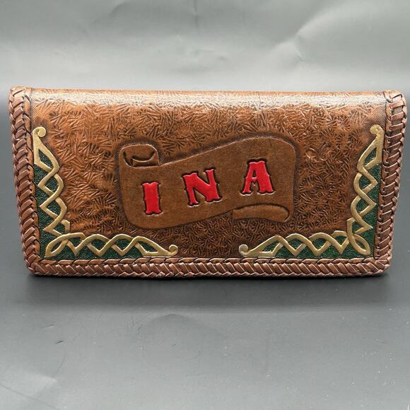 Vintage Hand Tooled Textured Leather Wallet Check Card Bill Holder Monogrammed - Picture 1 of 6